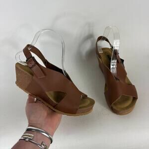Bionatura Tessa Sandals Women 7.5 Brown Genuine Leather Buckle Peep Toe Wedge